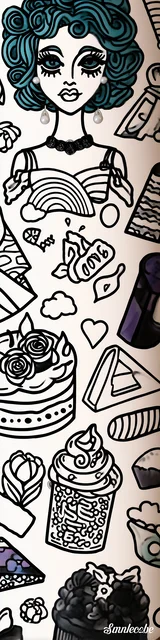 Free colorable bookmarks of a woman surrounded by cakes